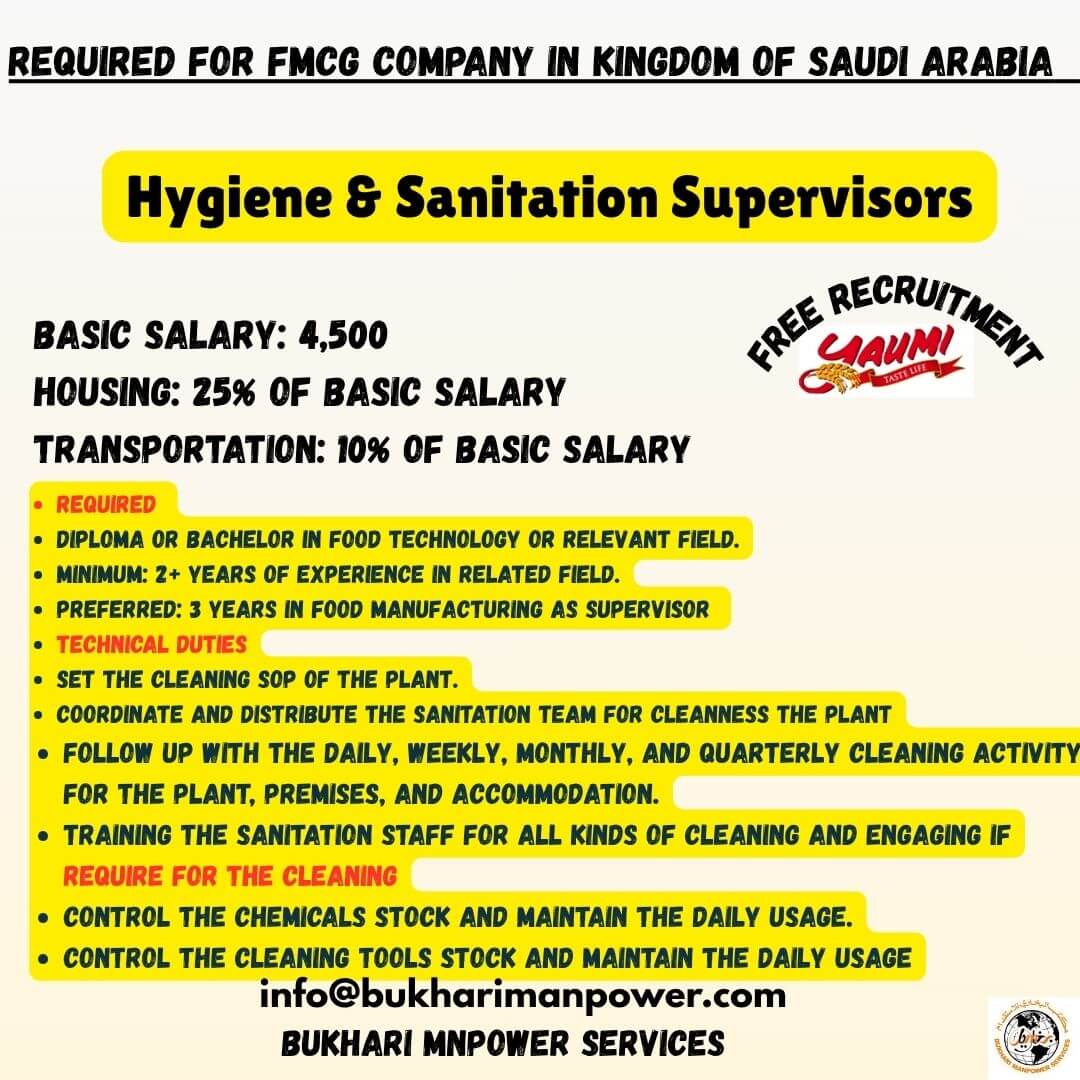 Job Opportunity: Hygiene & Sanitation Supervisors in Saudi Arabia
