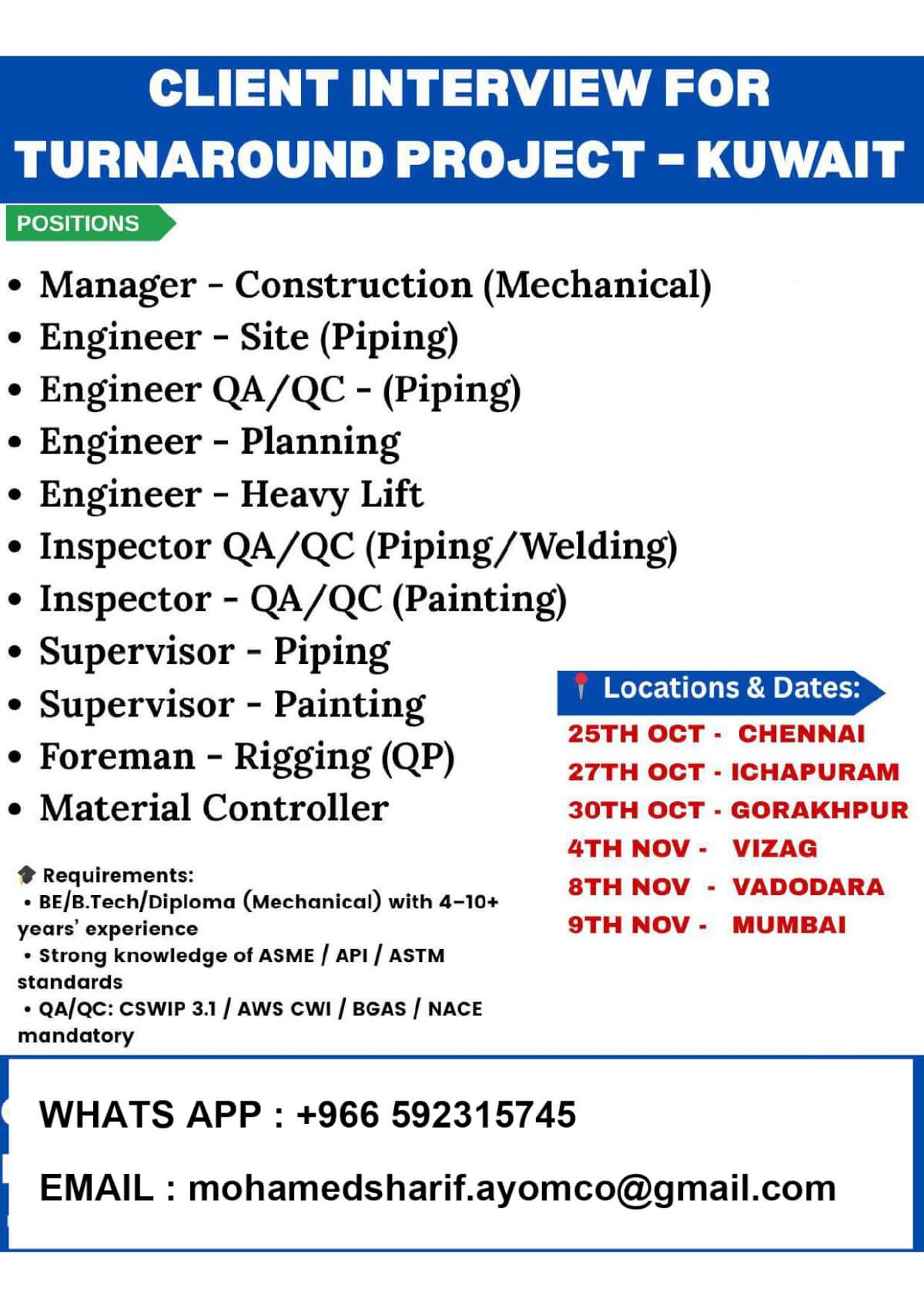 Kuwait Turnaround Project Jobs 2025 – Client Interview Schedule