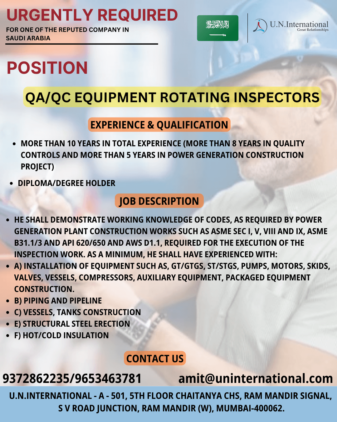 Urgently Required – QA/QC Equipment Rotating Inspectors in Saudi Arabia