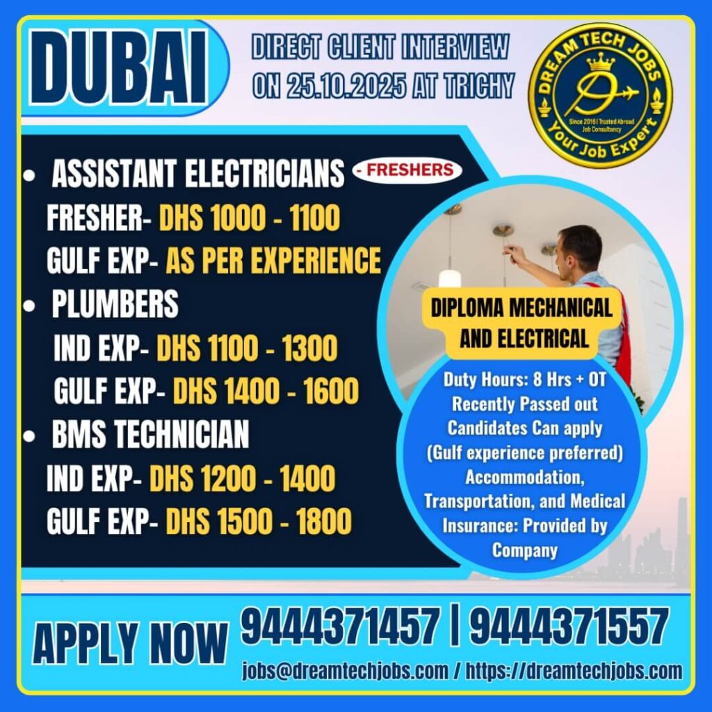 Dubai Jobs Interview 2025 – Electricians, Plumbers & BMS Technicians