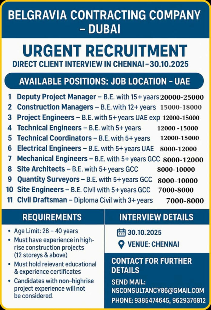 Dubai Jobs: Belgravia Contracting Company Urgent Recruitment 2025 1 Dubai Jobs: Belgravia Contracting Company Urgent Recruitment 2025