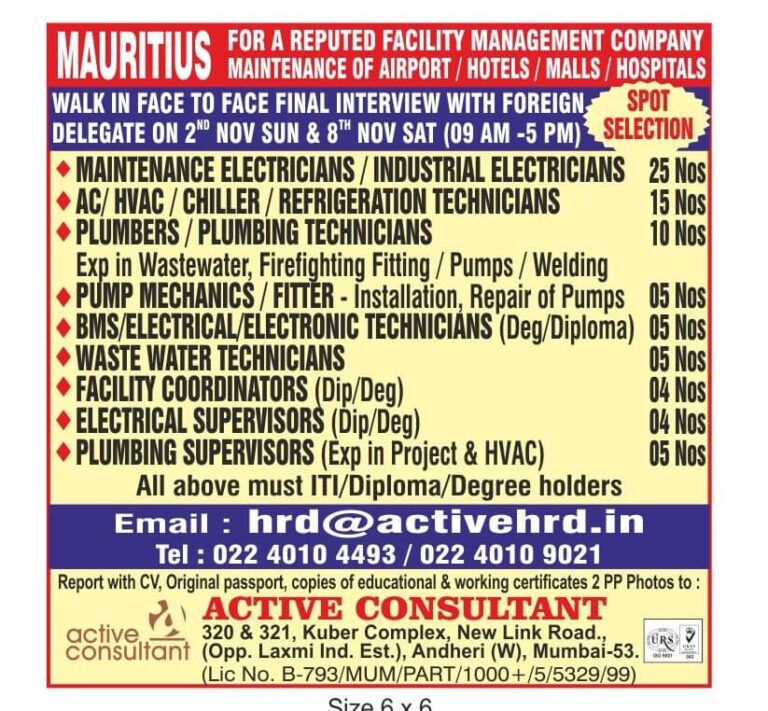Mauritius Facility Management Jobs 2025 – Walk-in Interviews