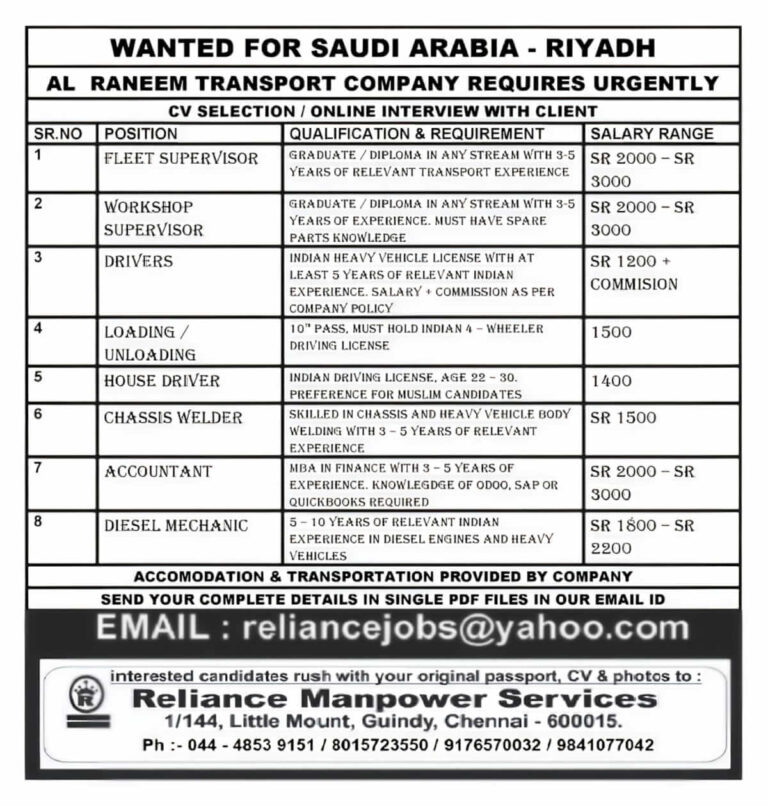 Saudi Arabia Jobs 2025 – Riyadh Transport Company Recruitment