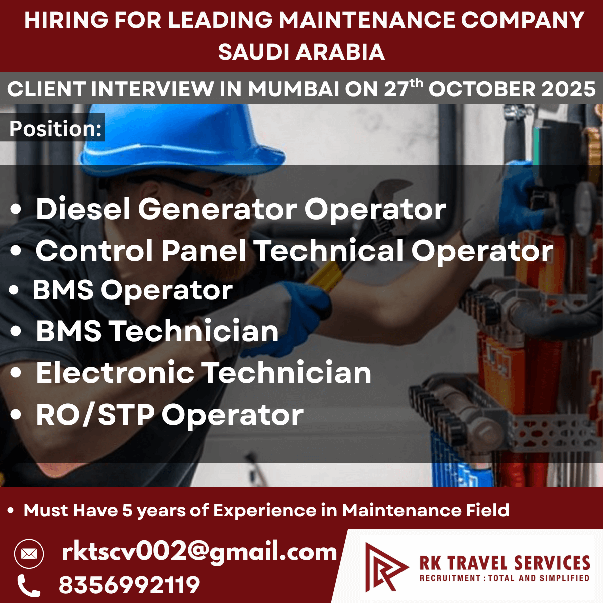 Saudi Arabia Maintenance Jobs – Client Interview in Mumbai on 27th October 2025