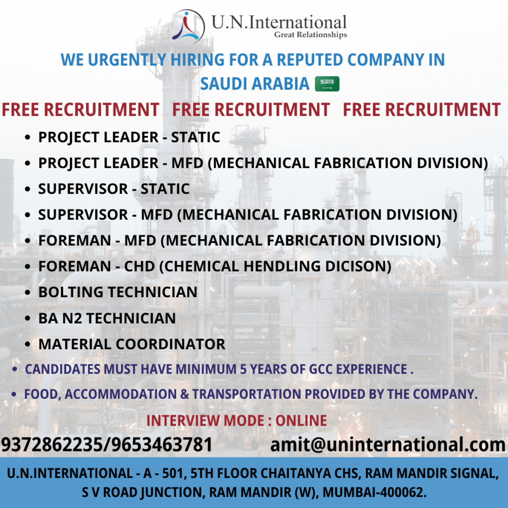 Saudi Arabia Jobs 2025 – Free Recruitment for Project Leaders, Supervisors, Foremen & Technicians 1 Saudi Arabia Jobs 2025 – Free Recruitment for Project Leaders, Supervisors, Foremen & Technicians