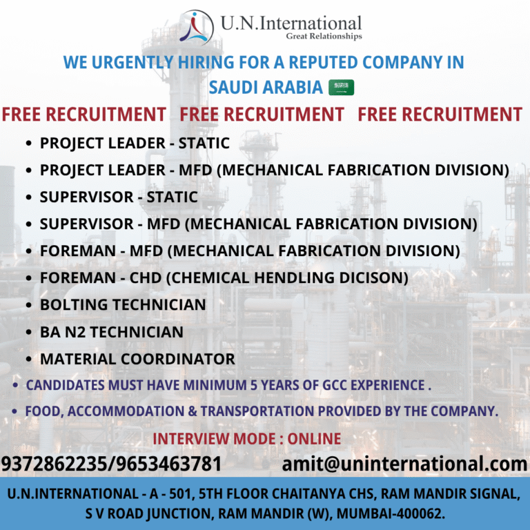 Saudi Arabia Jobs 2025 – Free Recruitment for Project Leaders, Supervisors, Foremen & Technicians