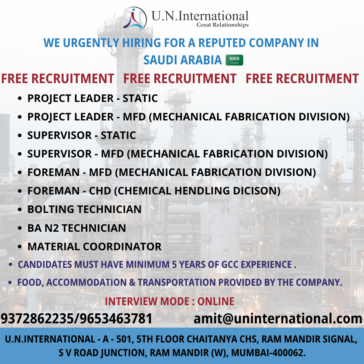 Saudi Arabia Jobs 2025 – Free Recruitment for Project Leaders, Supervisors, Foremen & Technicians