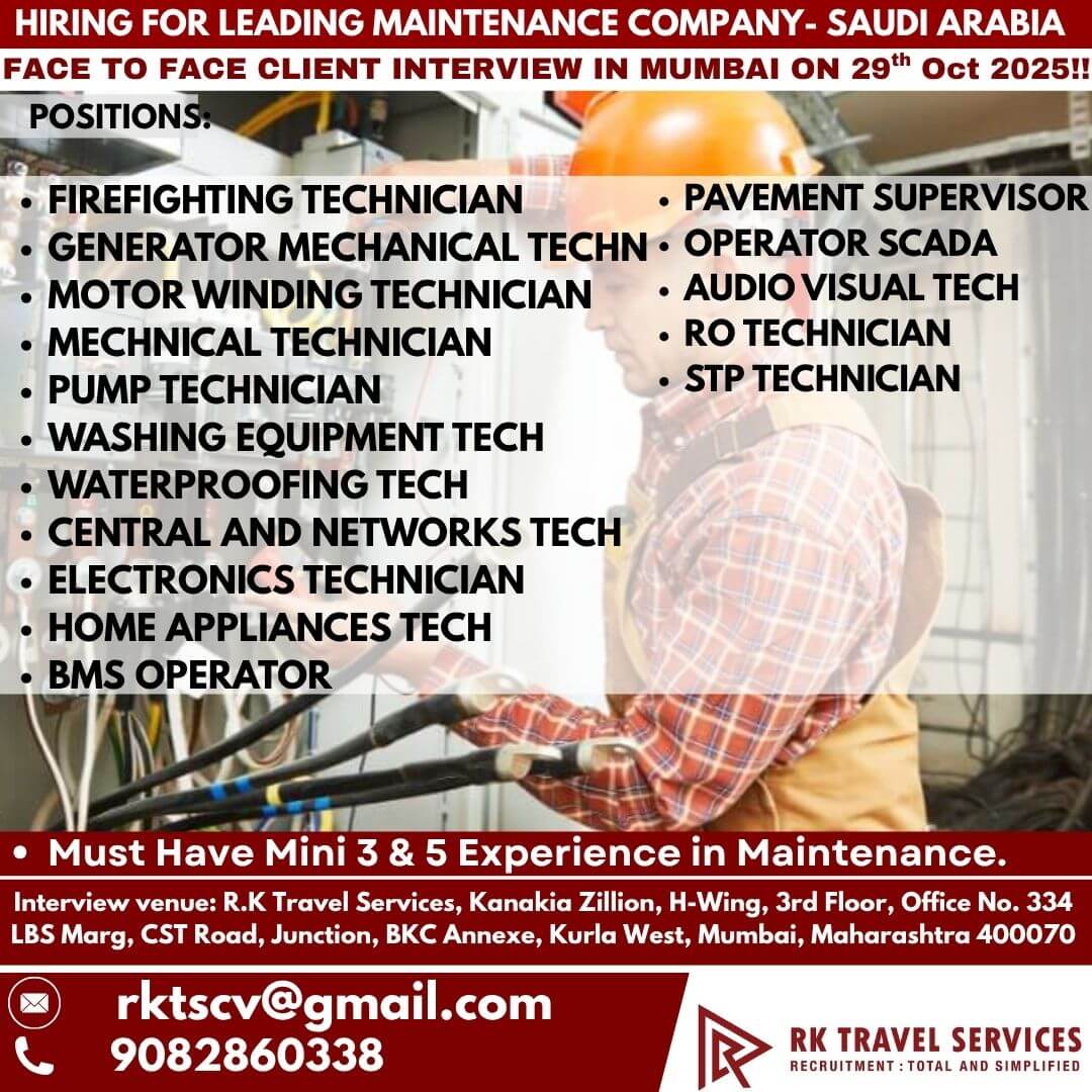Saudi Arabia Maintenance Jobs – Client Interview in Mumbai on 29th Oct 2025