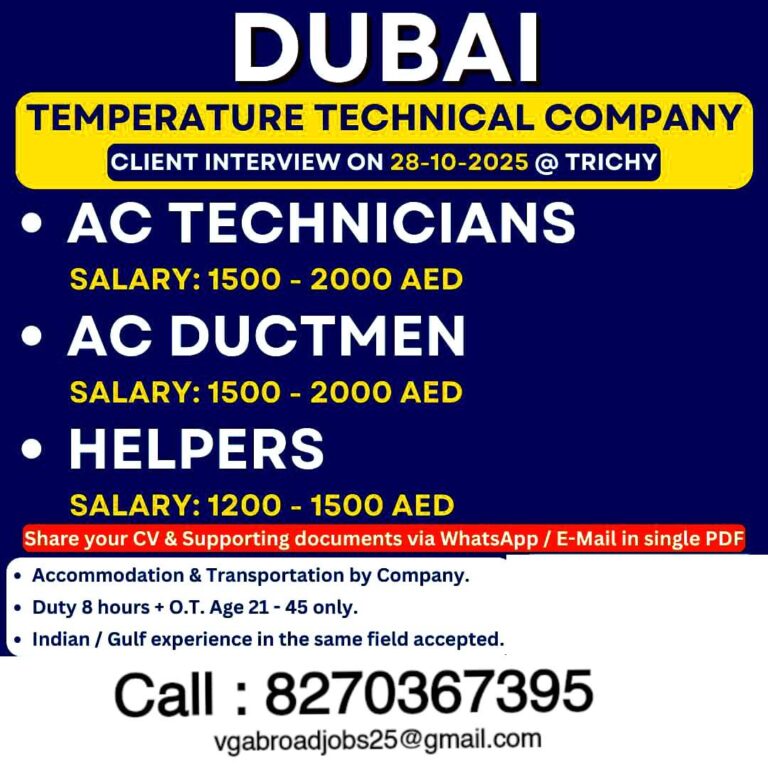 Dubai AC Technician & Ductmen Jobs | Walk-in Interview
