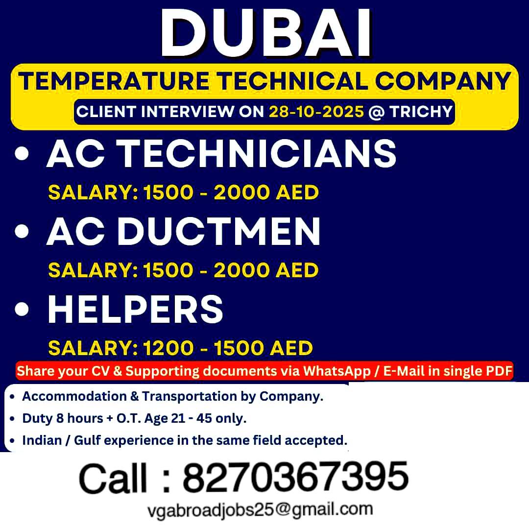 Dubai AC Technician & Ductmen Jobs | Walk-in Interview