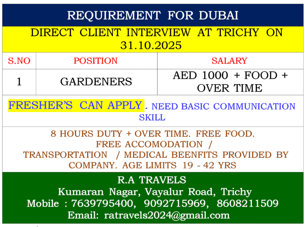 Dubai Gardener Jobs 2025 – Direct Client Interview in Trichy