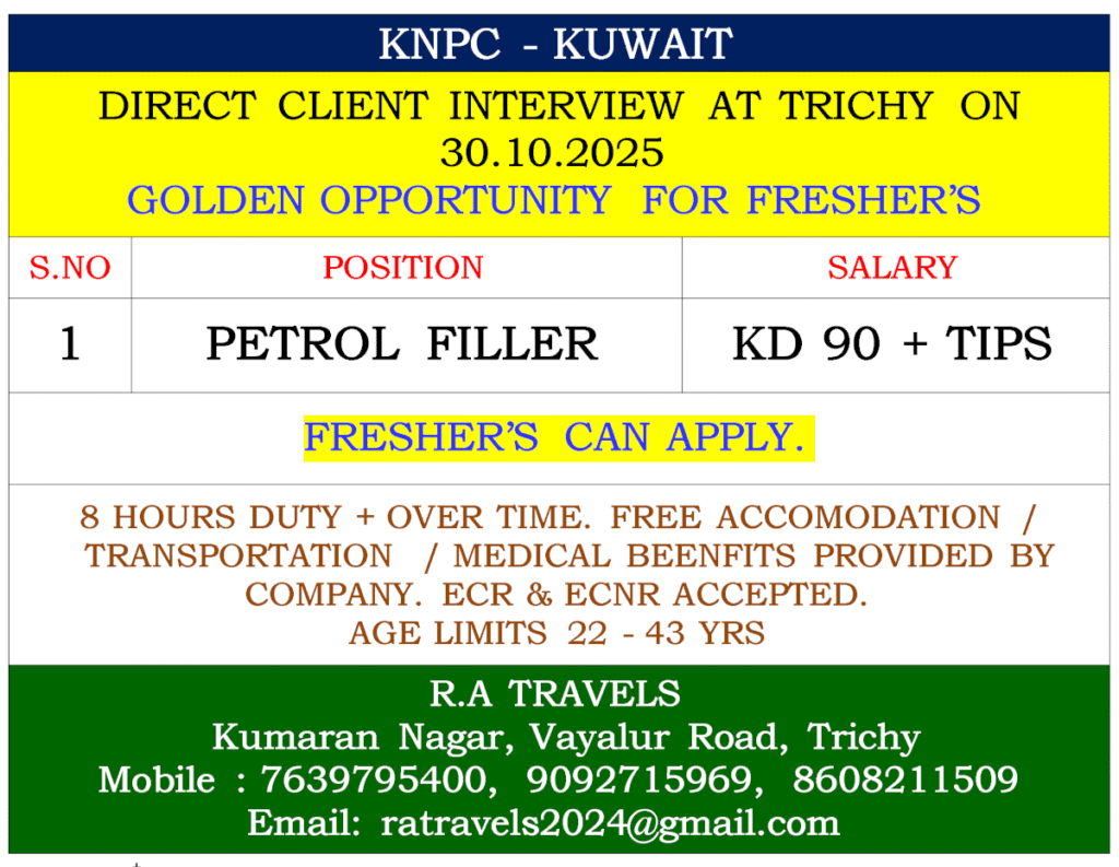 Kuwait Petrol Filler Jobs 2025 – Direct Client Interview at Trichy