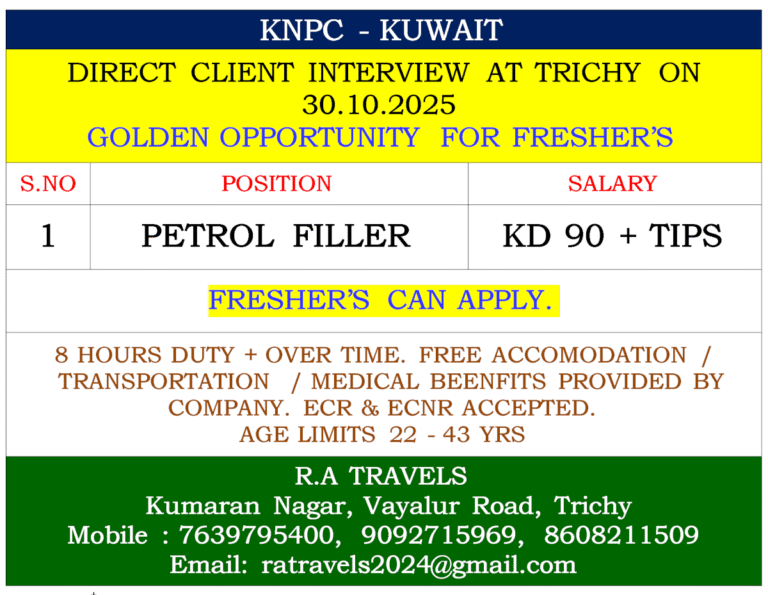 Kuwait Petrol Filler Jobs 2025 – Direct Client Interview at Trichy