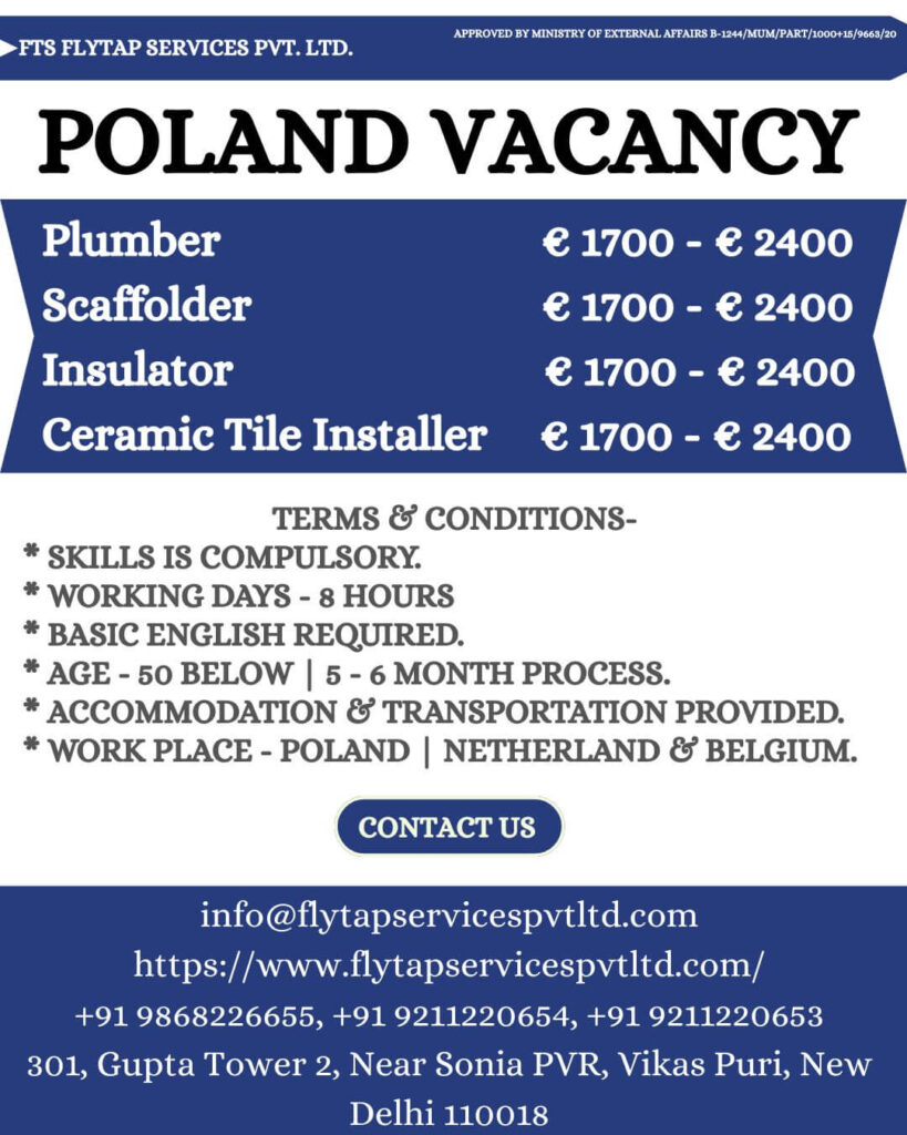 Poland Vacancy 2025 – Plumber, Scaffolder, Insulator, Tile Installer Jobs