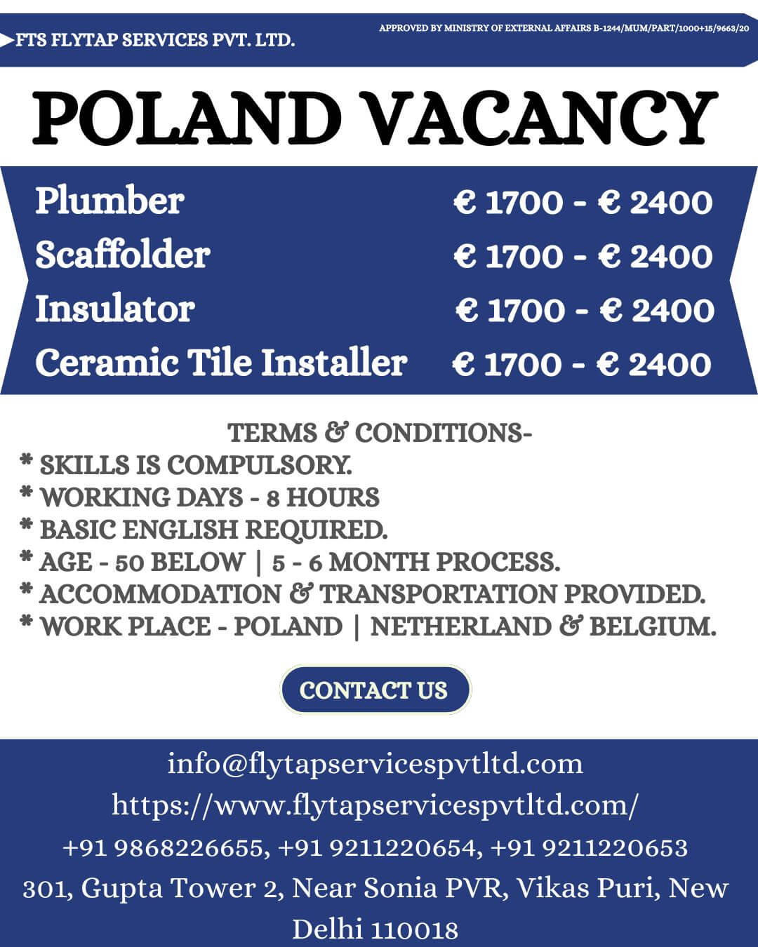 Poland Vacancy 2025 – Plumber, Scaffolder, Insulator, Tile Installer Jobs