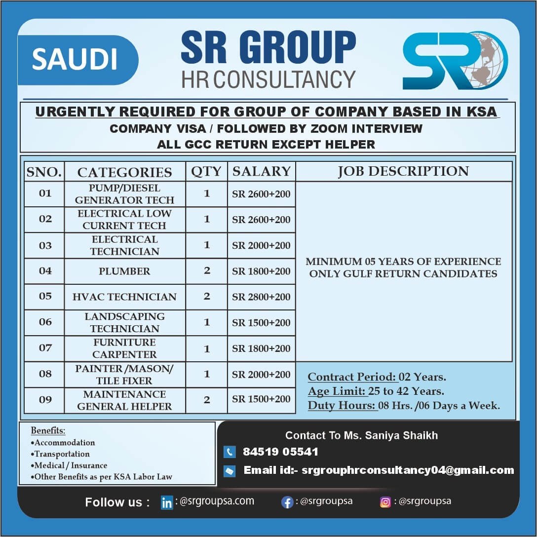 Saudi Jobs 2025 – SR Group HR Consultancy Hiring for Multiple Positions