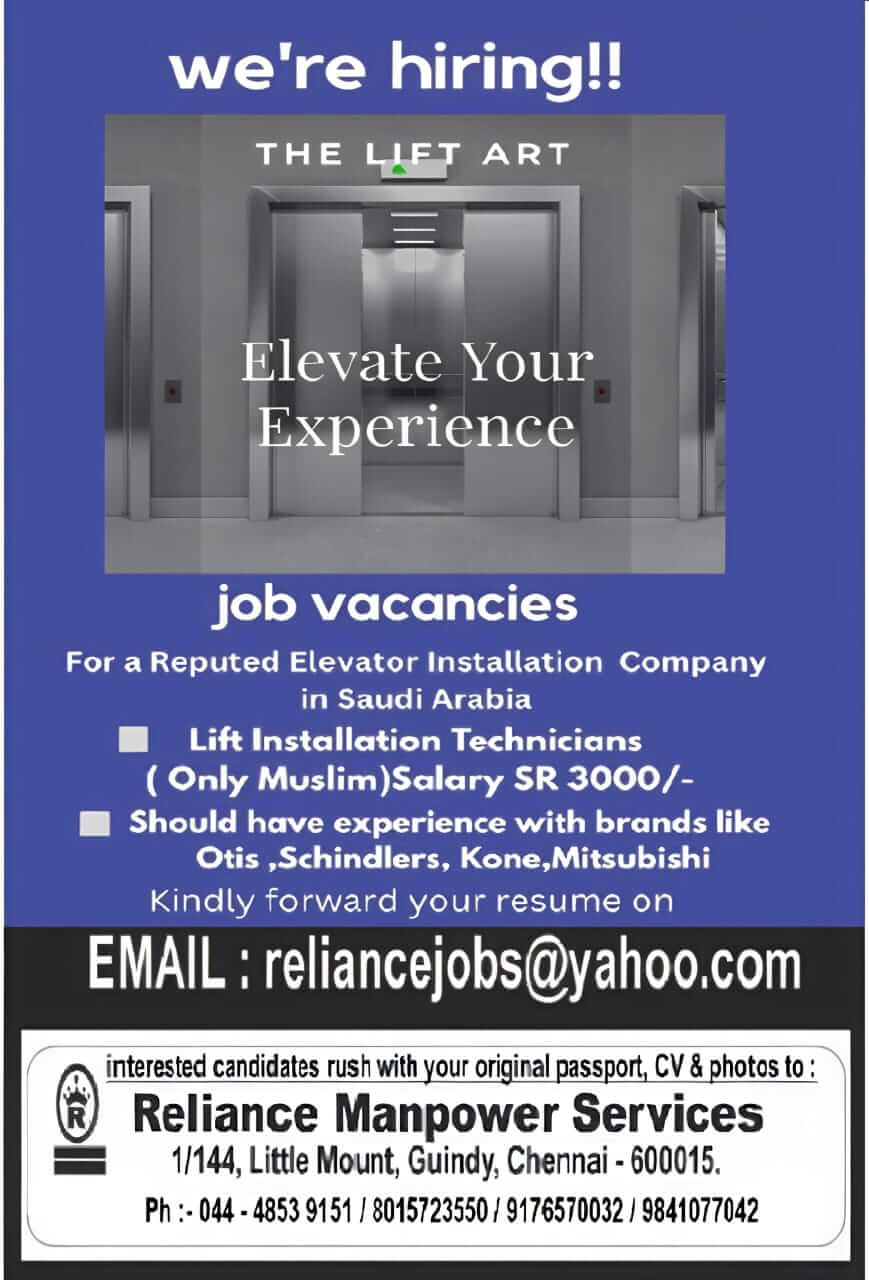 Lift Installation Technician Jobs in Saudi Arabia – Apply Now