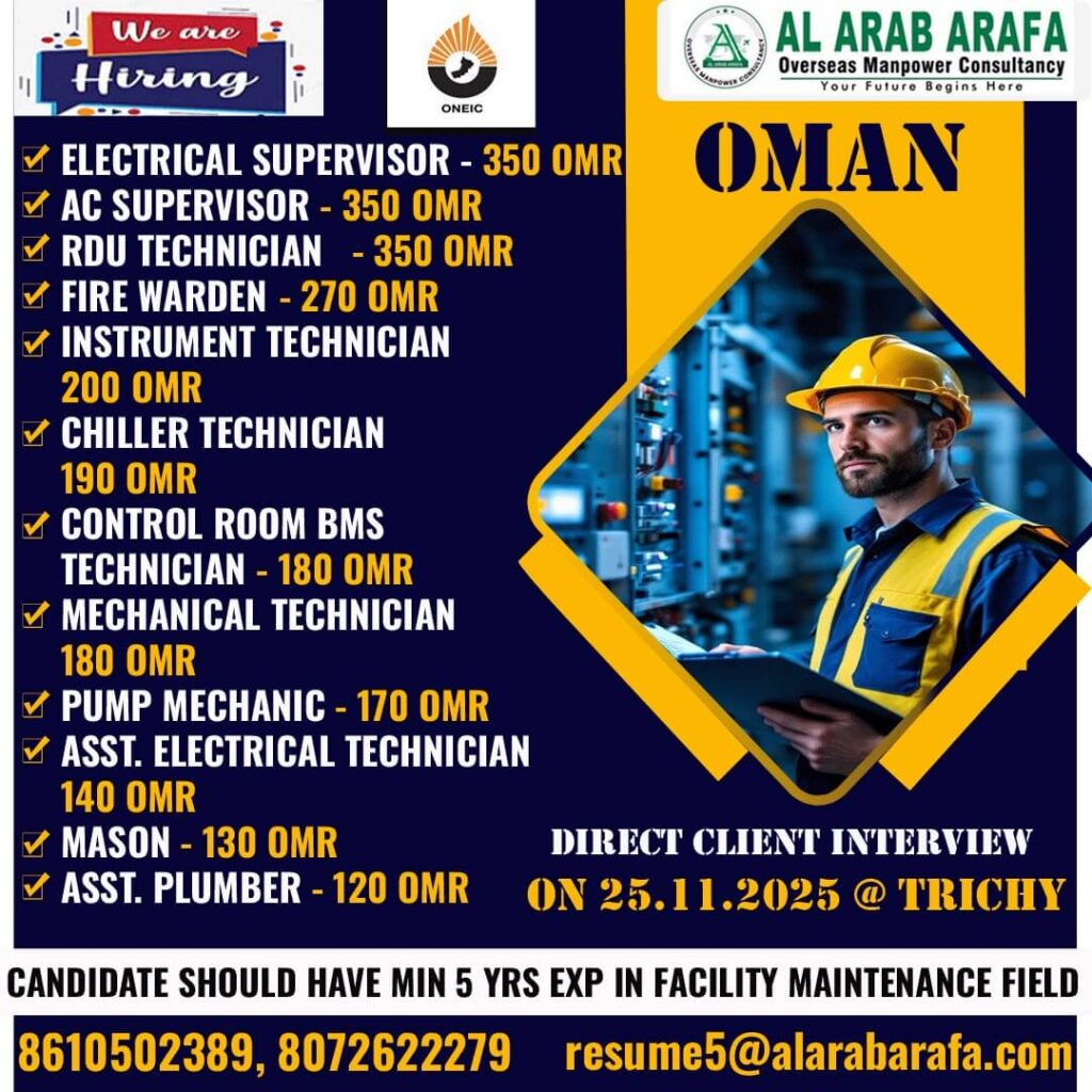 Oman Facility Maintenance Jobs – Direct Client Interview in Trichy 1 Oman Facility Maintenance Jobs – Direct Client Interview in Trichy