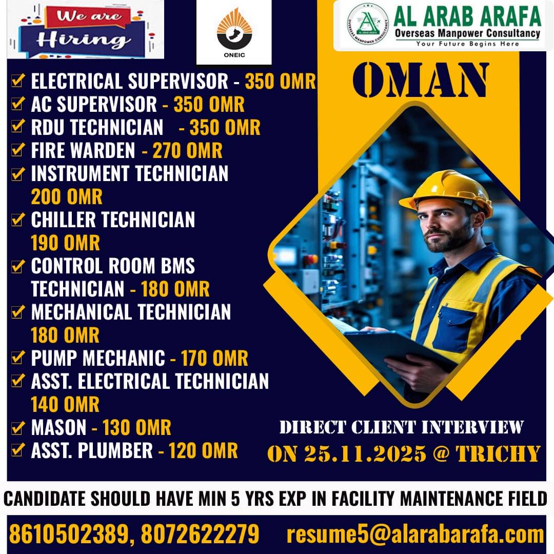 Oman Facility Maintenance Jobs – Direct Client Interview in Trichy