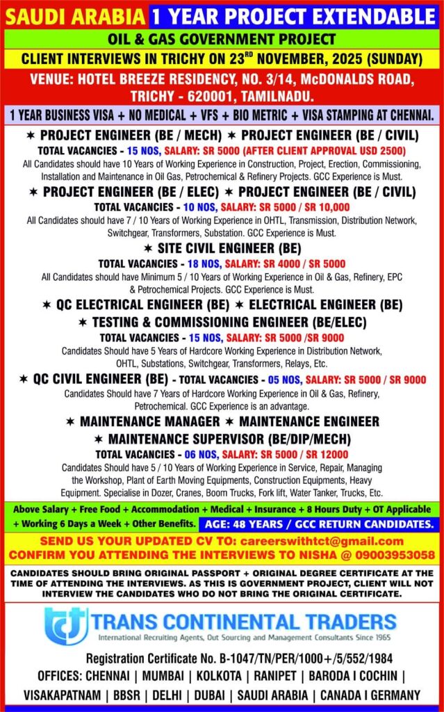 Saudi Arabia Oil & Gas Project Jobs – Trichy Interview 2025