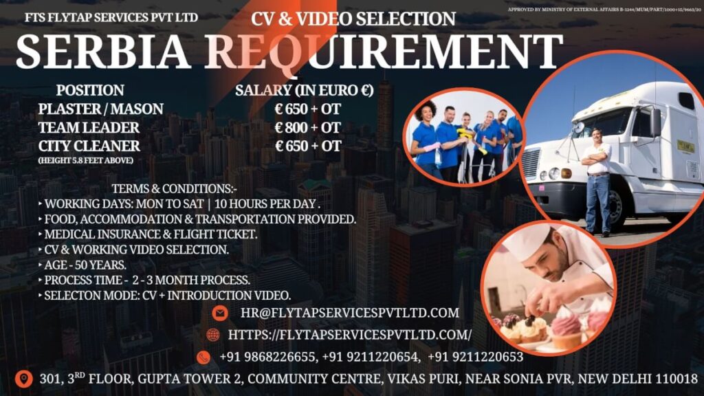 Serbia Requirement 2025 – Plaster/Mason, Team Leader & City Cleaner Jobs | Apply Now