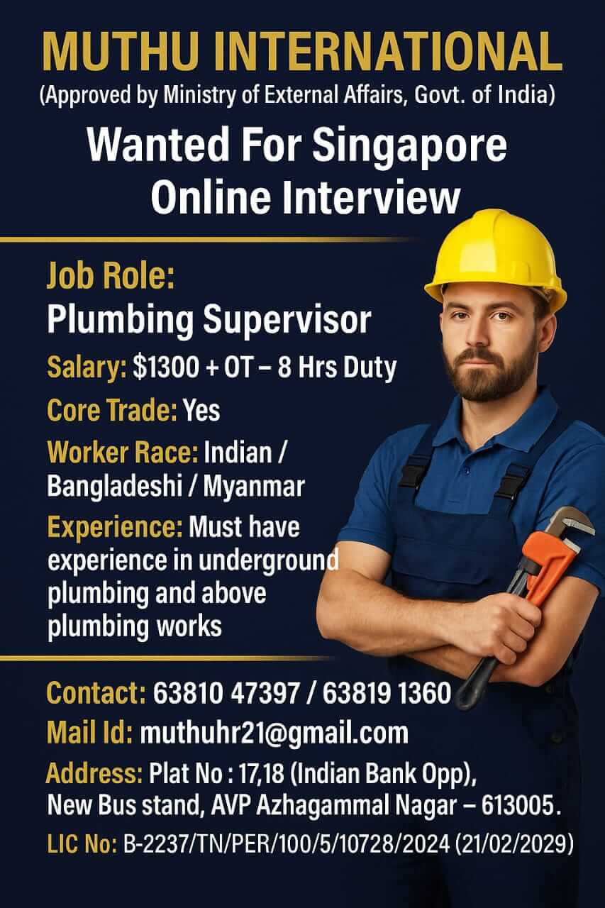 Plumbing Supervisor Singapore Job – Online Interview Hiring Now
