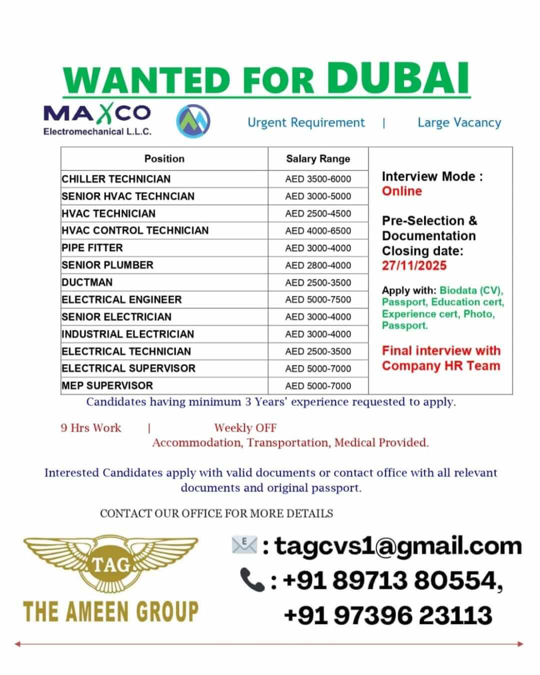 Dubai Electromechanical Jobs 2025 – Urgent Recruitment | Online Interview