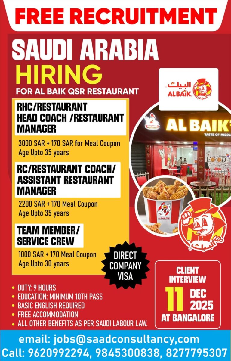 Saudi Arabia Hiring – AL BAIK QSR Restaurant Jobs | Free Recruitment 2025