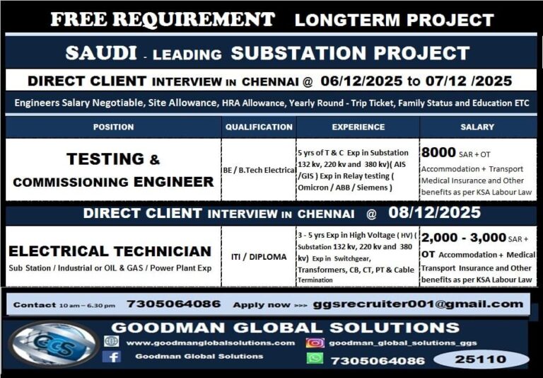 Saudi Substation Project Jobs – Direct Client Interview in Chennai