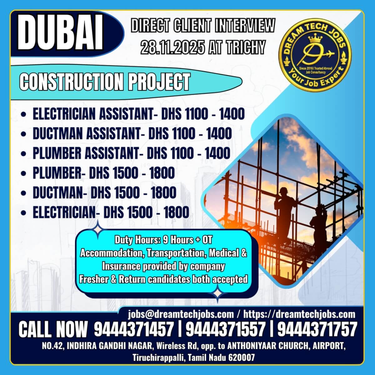 Dubai Construction Project Jobs – Direct Client Interview