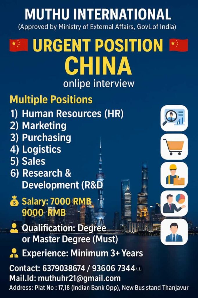 China Jobs 2025 – Urgent Recruitment by Muthu International (Online Interview)