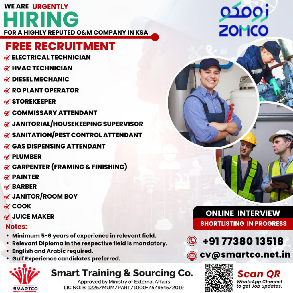 Free Recruitment for a Highly Reputed O&M Company in KSA – Apply Now