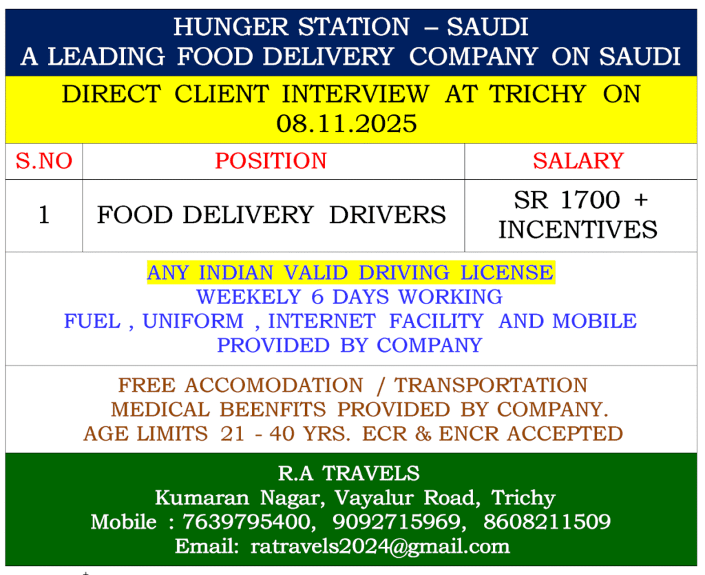 Hunger Station Saudi Recruitment 2025 – Direct Client Interview in Trichy