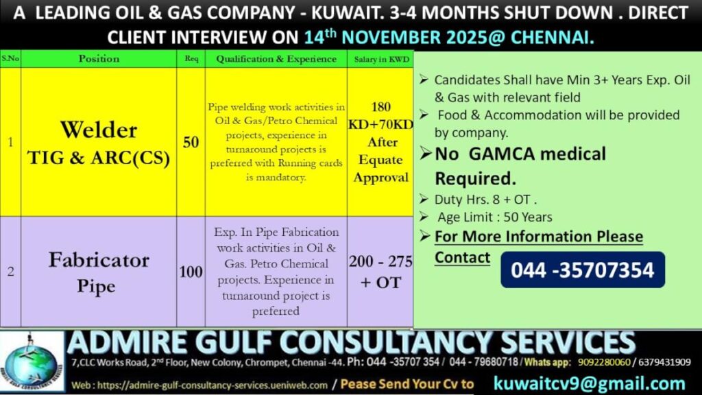 Oil & Gas Shutdown Jobs in Kuwait – Direct Client Interview in Chennai on 14th November 2025