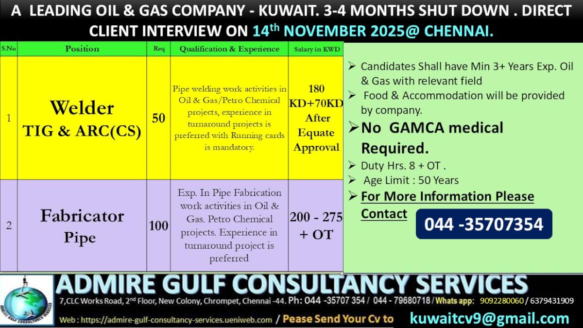 Oil & Gas Shutdown Jobs in Kuwait – Direct Client Interview in Chennai on 14th November 2025