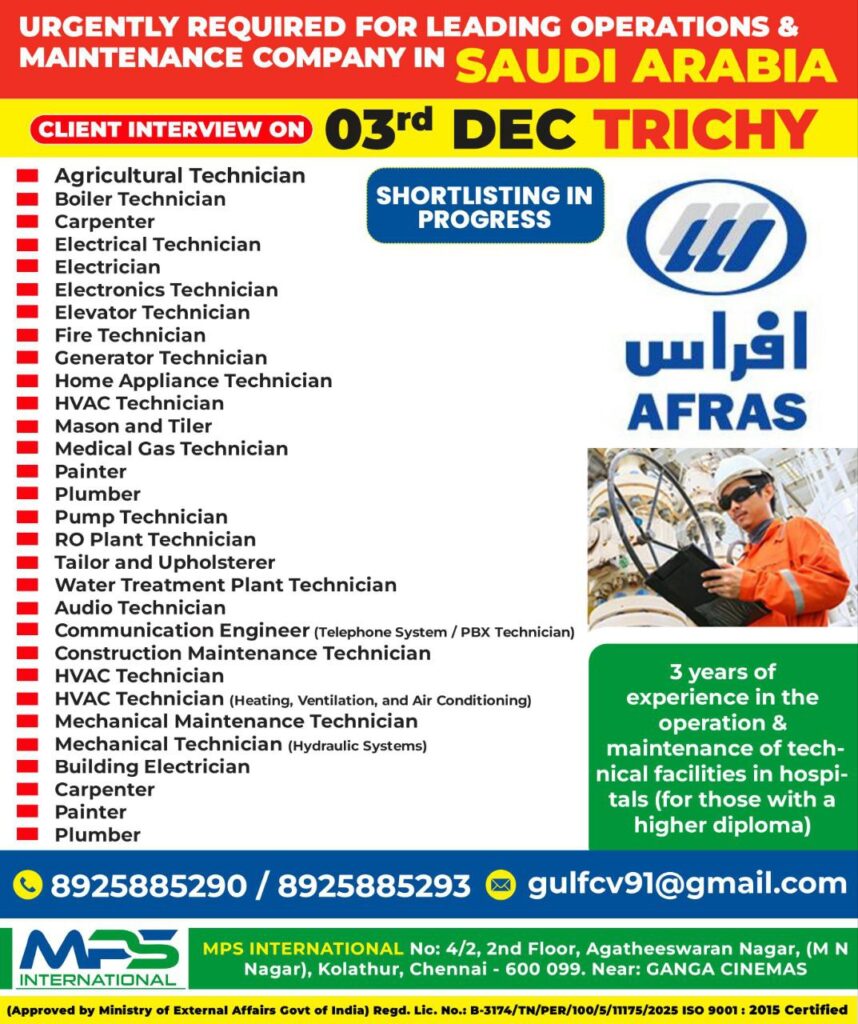 Saudi Arabia Maintenance Company Jobs – Client Interview on 03rd Dec in Trichy