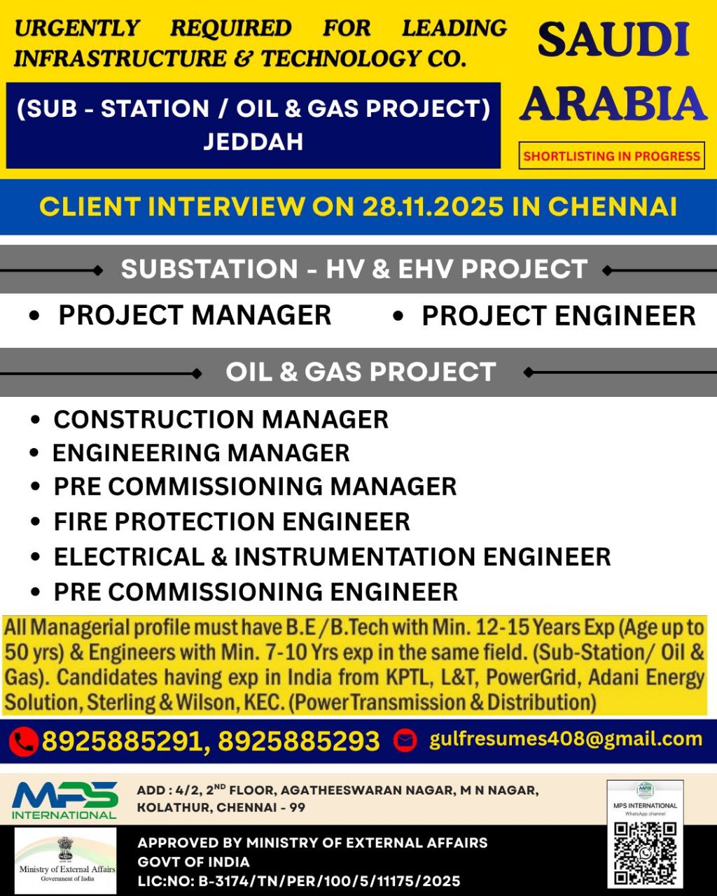 Saudi Arabia Substation & Oil & Gas Jobs | Client Interview on 28 Nov 2025