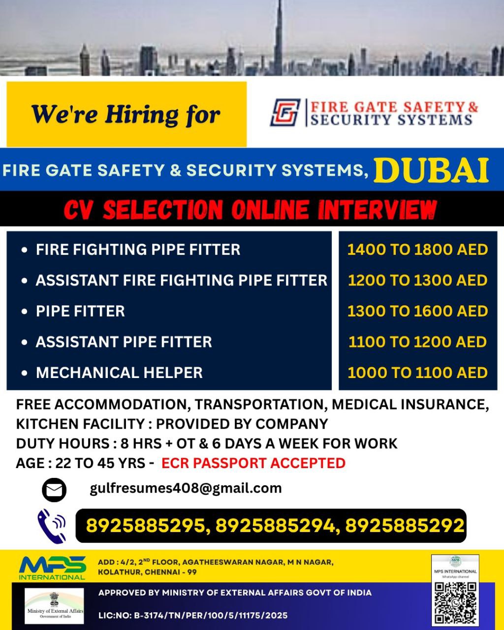 Fire Fighting Pipe Fitter Jobs in Dubai – CV Selection & Online Interview