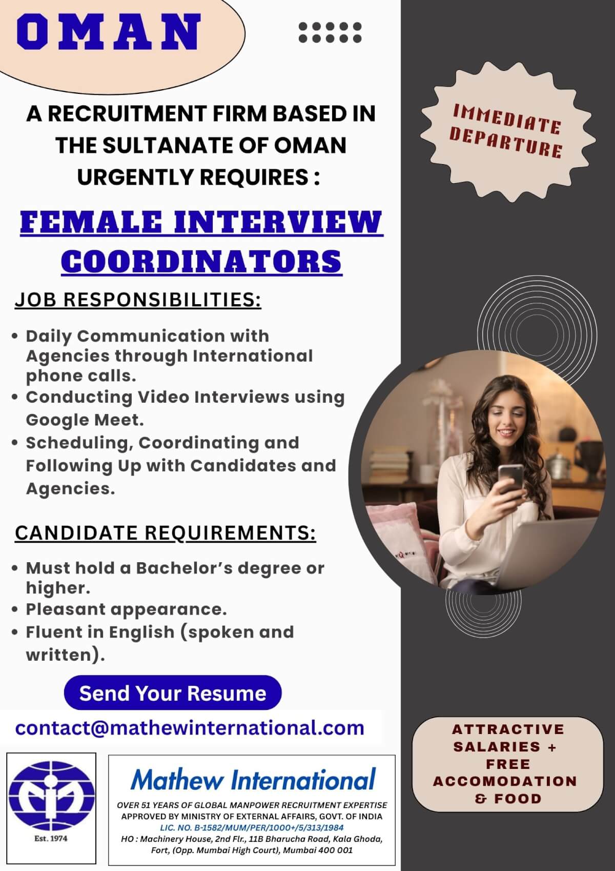 Oman Female Interview Coordinator Jobs 2025 – Immediate Departure