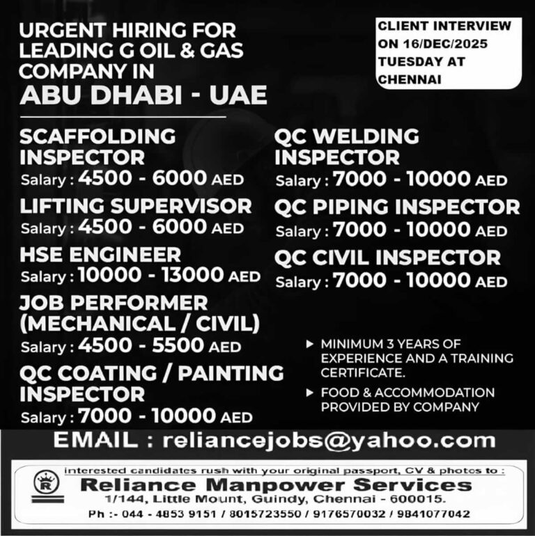 Urgent Hiring for Leading Oil & Gas Company in Abu Dhabi, UAE