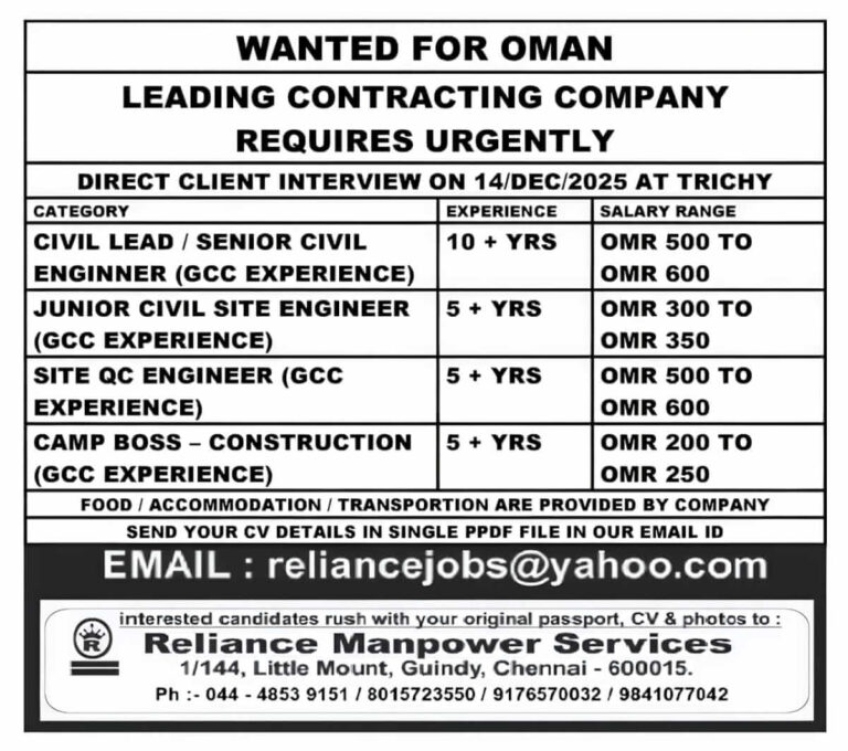 Oman Civil Engineer Jobs 2025 – Leading Contracting Company Hiring Urgently