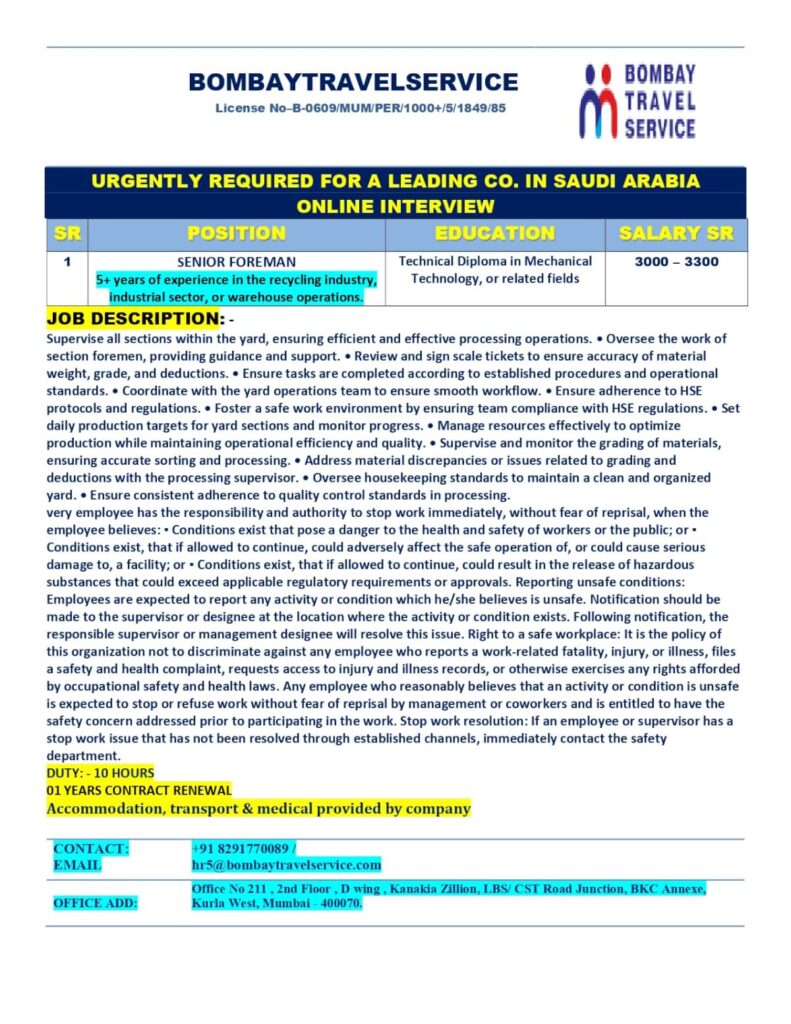 Senior Foreman Jobs in Saudi Arabia – Online Interview 2025