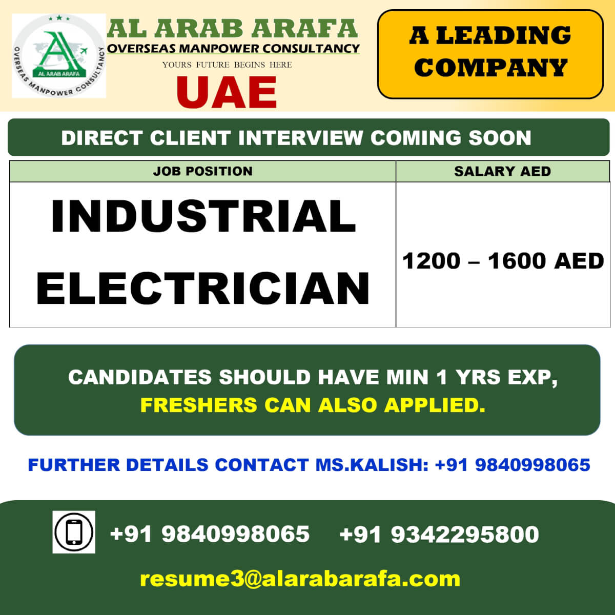 Industrial Electrician Jobs in UAE 2025 – Direct Client Interview