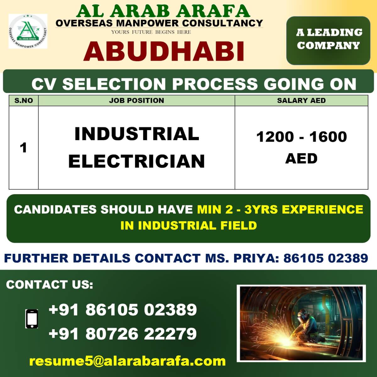 Abu Dhabi Industrial Electrician Jobs 2025