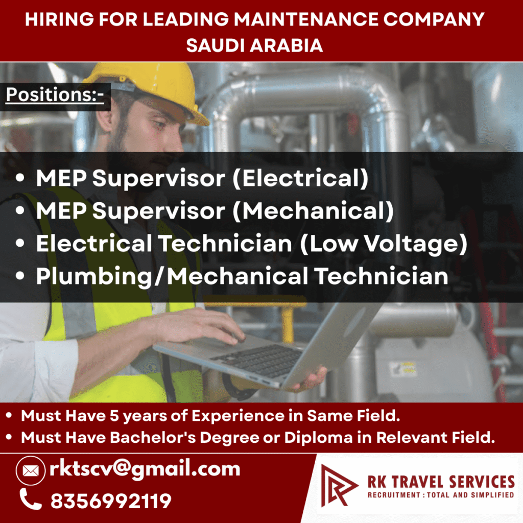 Saudi Arabia Maintenance Company Jobs 2025 – MEP Supervisor & Technician Vacancies