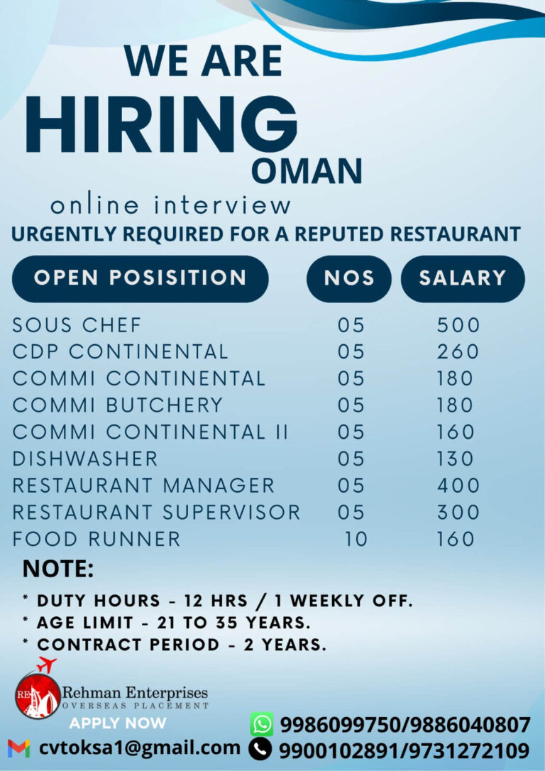 Oman Restaurant Jobs 2025 – Online Interview Hiring for Multiple Positions