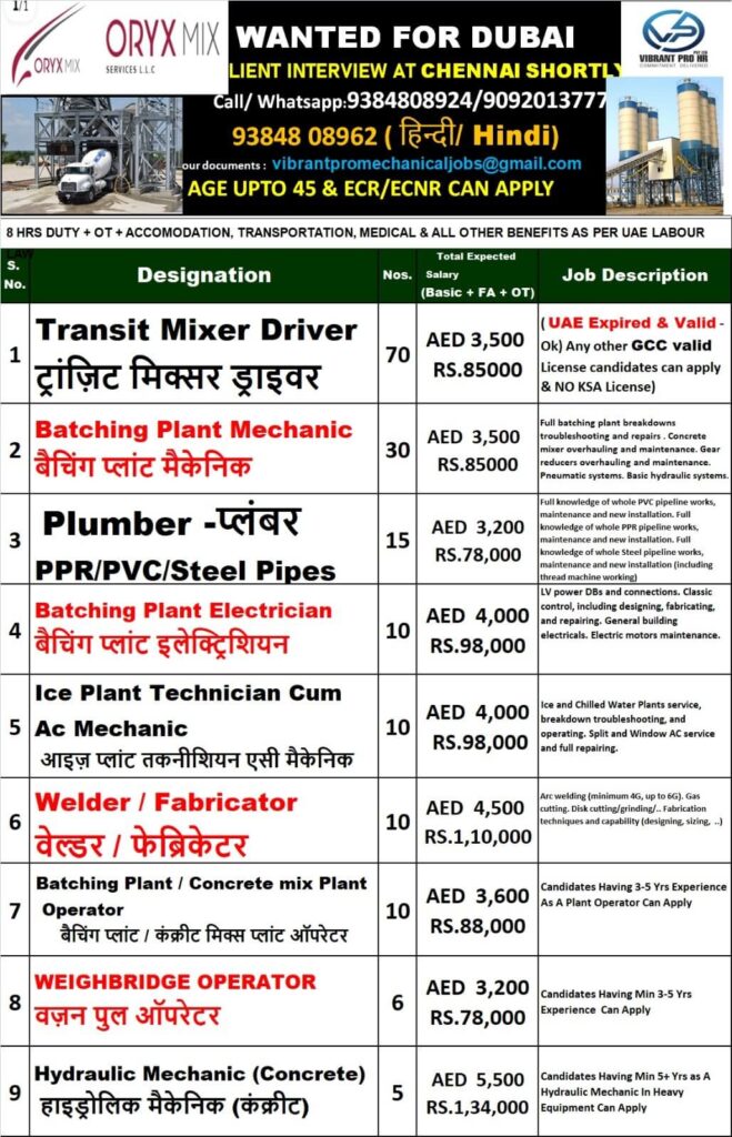 Dubai Jobs 2025 for Transit Mixer Driver, Mechanic & Electrician