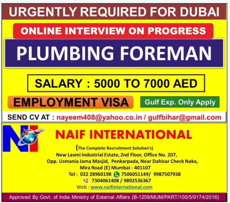 Dubai Plumbing Foreman Jobs 2026
