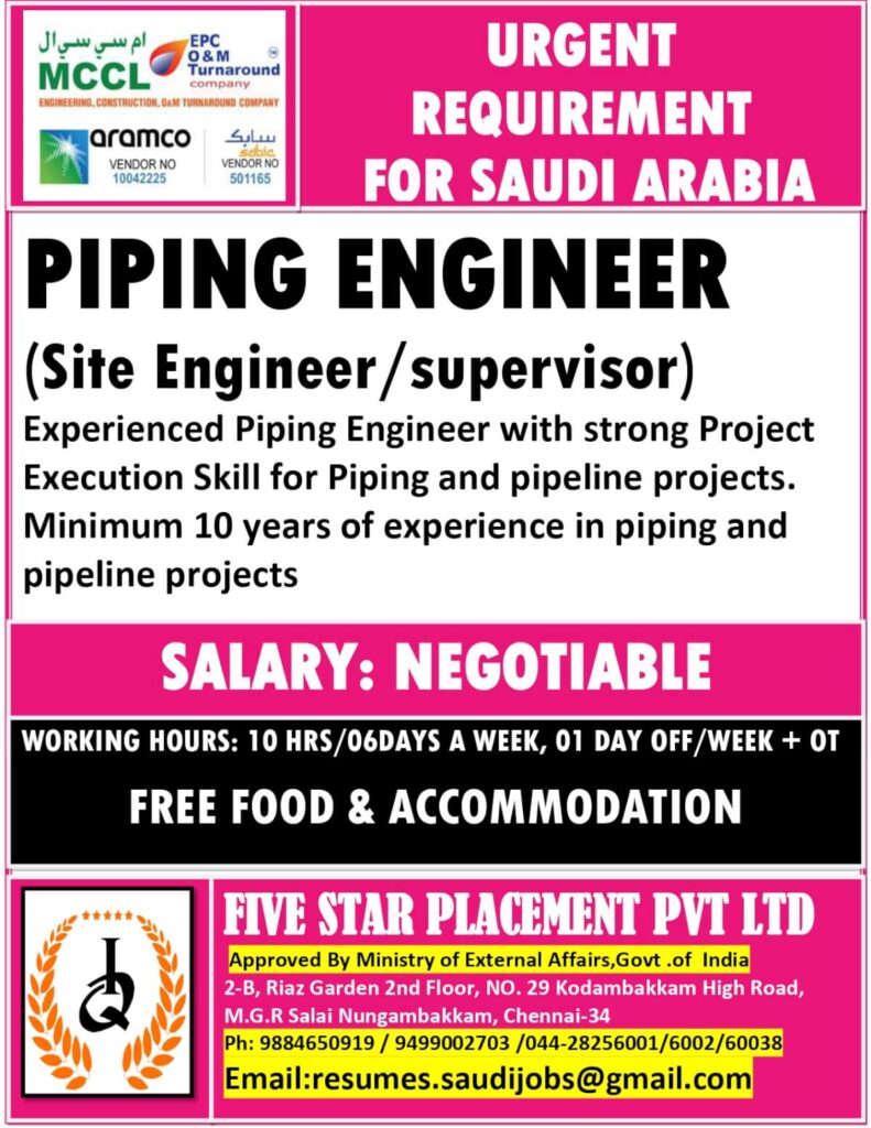 Piping Engineer Jobs in Saudi Arabia 2026 – Urgent Requirement