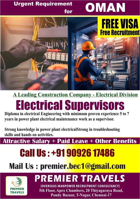 Electrical Supervisor Jobs in Oman 2026 – Free Visa & Free Recruitment